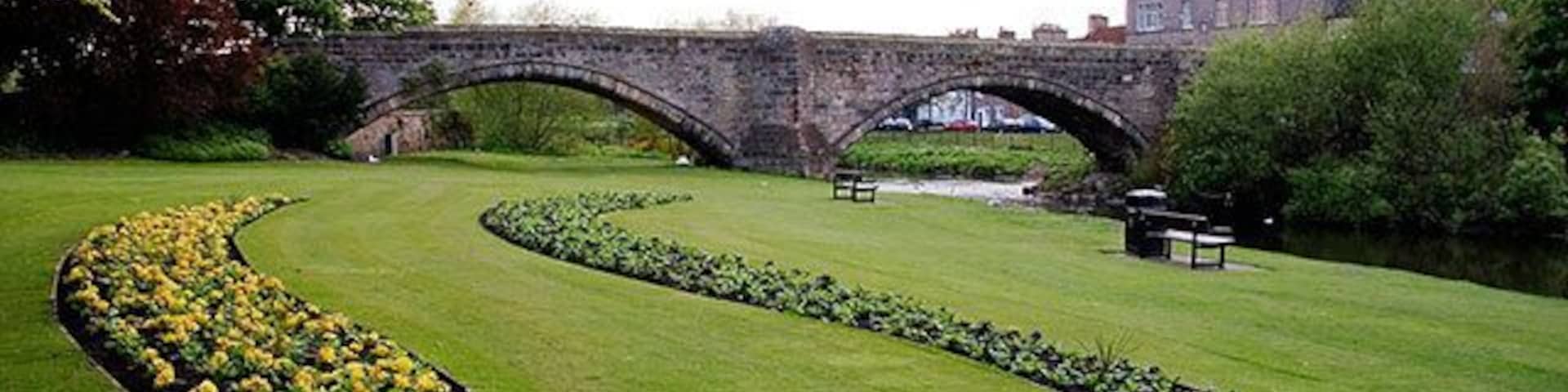 Esk Bridge. This is Musselburgh's old bridge over the Esk, rebuilt in the 16th century on the site of a Roman bridge. It is now a footbridge.