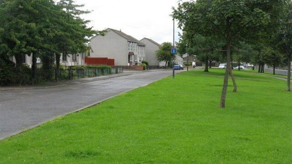 A residential street with houses, a grassy area, and a blue sign.