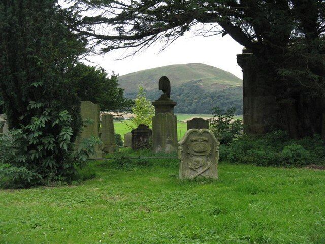 The view from the Old Pentland Kirkyard The Gibsone Mausoleum, dating from 1839, in silhouette to the right, a group of memorials, many of the Umpherston's and Aitchison's, mainly 17 & 18 Century but some at least from the start of the 20 Century, and the Pentland Hills in the distance.