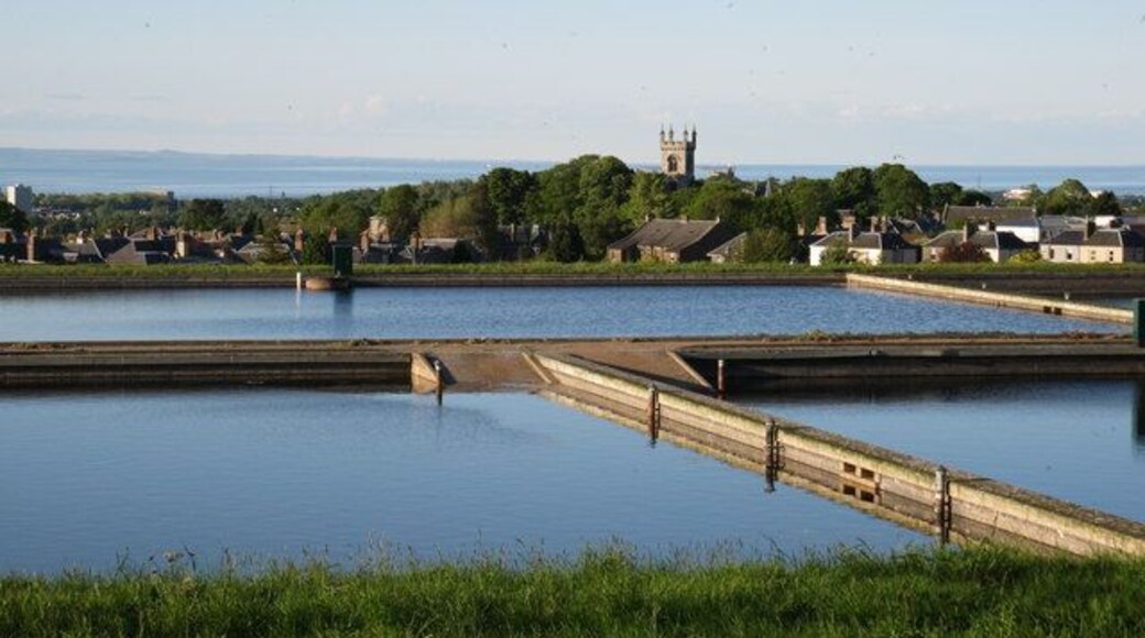Alnwickhill Waterworks Alnwickhill Filterbeds with Liberton Kirk tower in the background. When each pond is emptied the slipways allow machinery onto the sand filter bed to scrape away the top layer of dirty filter material.