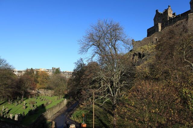 Entrance to Princes Street Gardens A view from Castle Terrace that takes in St. Cuthbert's cemetery, the entrance to Princes Street Gardens and Edinburgh Castle itself. The buildings of Princes Street can also be seen in the background.