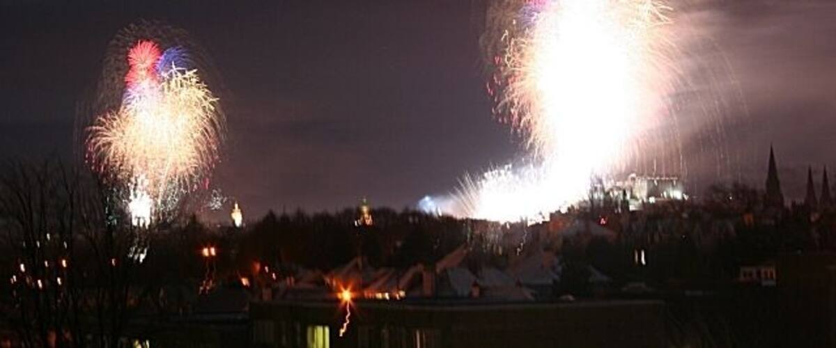 Welcoming the New Year 2010 The firework display at midnight over the city of Edinburgh. On the left is, I think, the display on Calton Hill, and on the right the Castle.