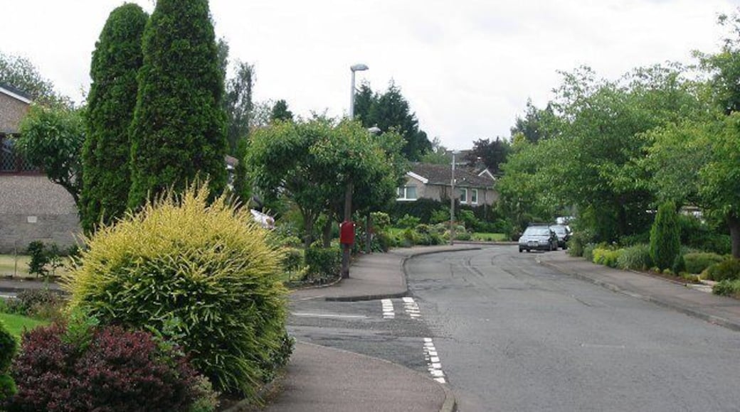 Curriehill. Behind the ribbon development along the Lanark Road are several squares worth of housing estates. This is one of the more recent, to the west of Currie. There are a lot of flowering cherries here, and the street names reflect this.