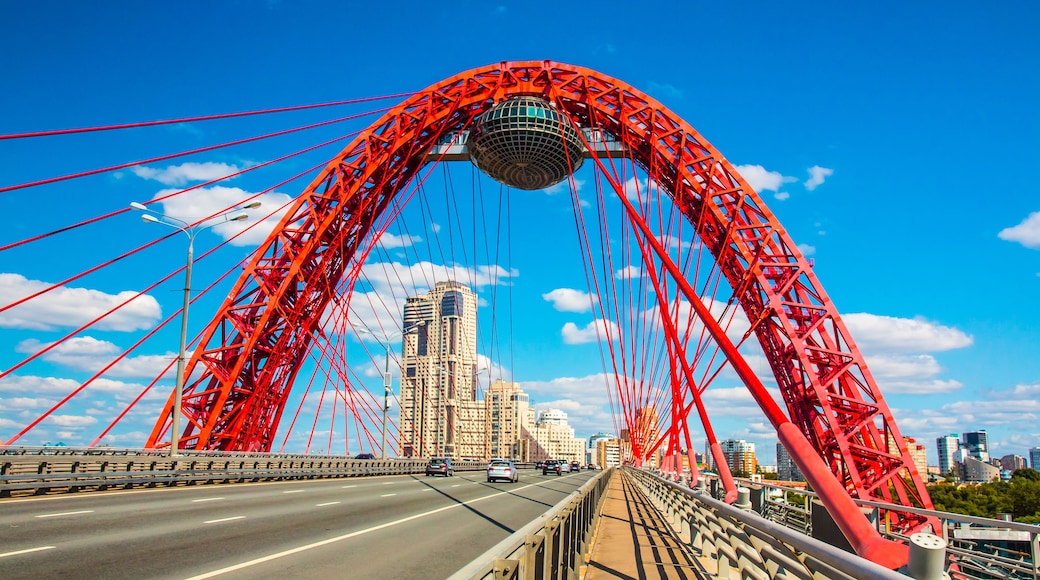 A red bridge with a large arch and a cityscape in the background.