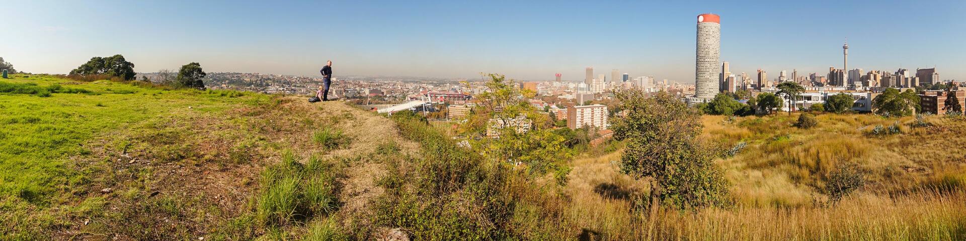 A cityscape with a prominent tower and a grassy hill in the foreground.