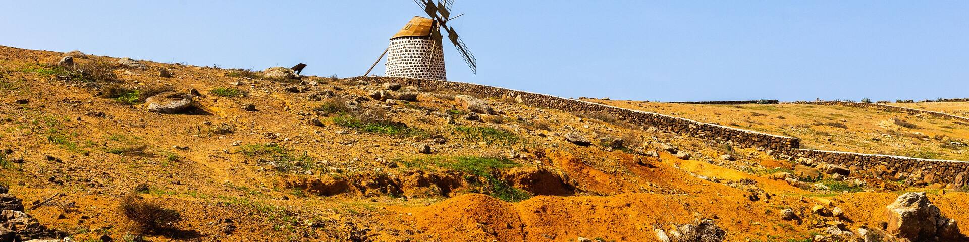 Colorful spanish rural landscape. Old windmill in Villaverde village, Fuerteventura, Canary Islands, Spain