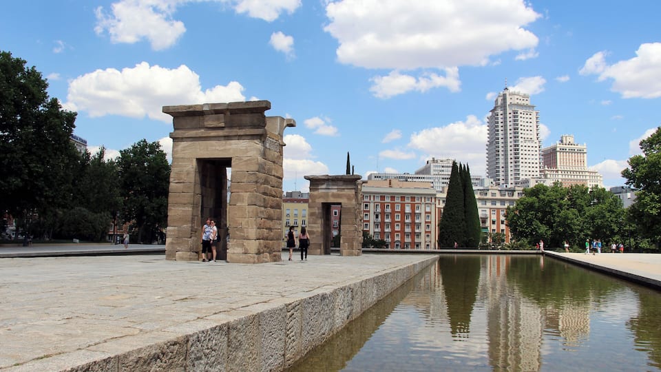 | Calle Ferraz The Temple of Debod is an ancient Egyptian temple that was dismantled and rebuilt at the Parque del Oeste in Madrid.