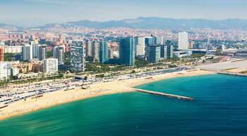 Aerial view of Barcelona from Mediterranean sea in summer. Skyscraper of Sant Marti district ; Shutterstock ID 317785691