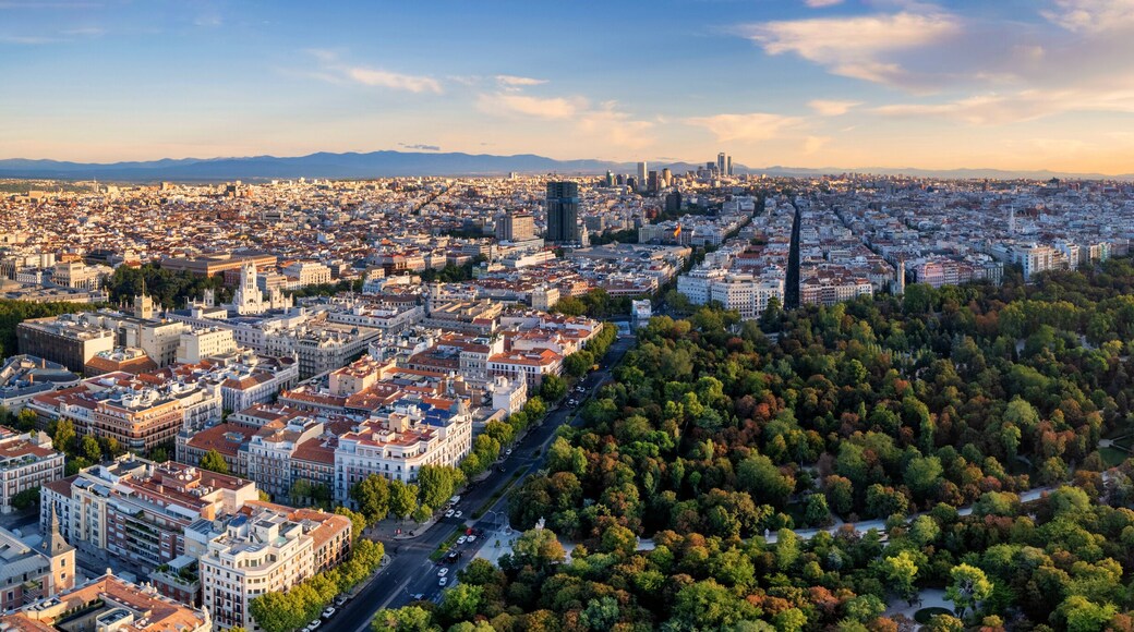Aerial panoramic view of Parque El Retiro in Madrid, Spain at a golden hour sunrise