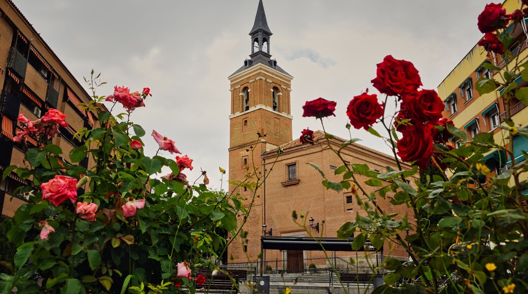 Bell tower of San Salvador Church in Leganes, Madrid, with red roses in the foreground.