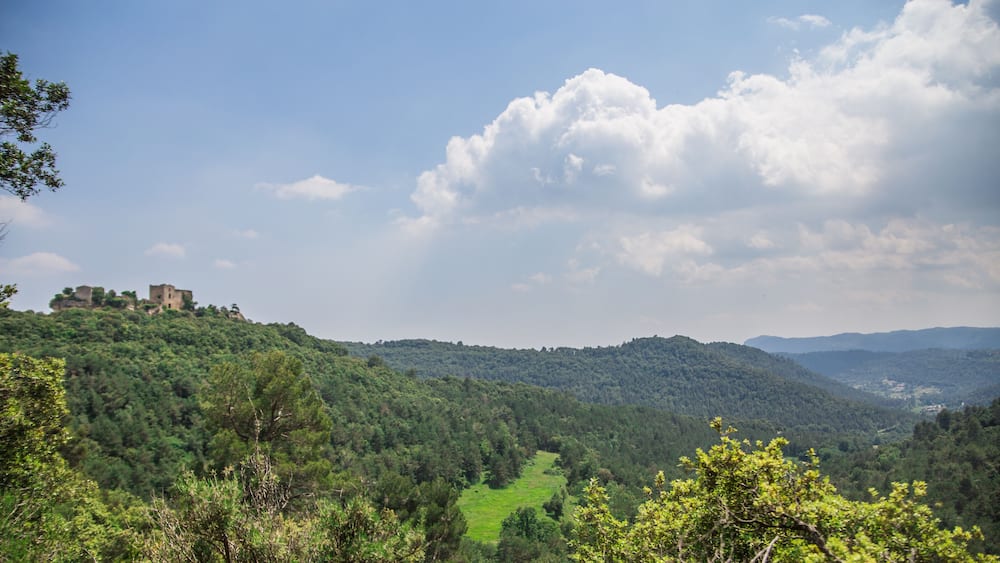 A lush green valley with a castle on a hill and a clear sky.