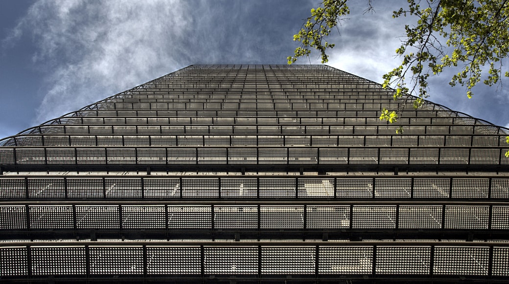 La Torre del Banco de Bilbao es un edificio situado en Madrid y diseñado por el arquitecto español Sáenz de Oiza. Su construcción respondió a numerosos desafíos técnicos siendo el fundamental el de tener que edificarse literalmente sobre el túnel del ferrocarril. Tiene un llamativo color ocre, cada vez más intenso, consecuencia de la oxidación del acero corten de su fachada (Wikipedia) . The Banco de Bilbao tower (Also known as BBVA Tower) is a 107m skyscraper in Madrid (Spain), designed by the Spanish architect Francisco Javier Sáenz de Oiza. It is one of the most important architectural landmarks of Madrid, with its striking ocher color, more intense as the time passes due to the oxidation of its facade corten steel. The foundation had to be designed having in mind that the underground commuter rail passes right through the lowest basement, having the building "ride" the tunnel (Wikipedia). rq