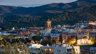 Un pueblo con una imponente torre del reloj, rodeado de colinas y edificios residenciales.