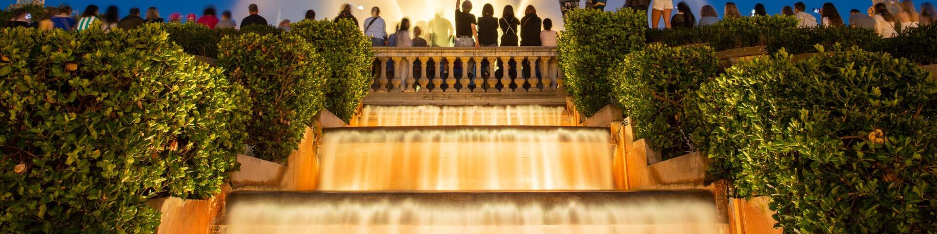 Sants-Montjuïc featuring night scenes and a fountain as well as a small group of people