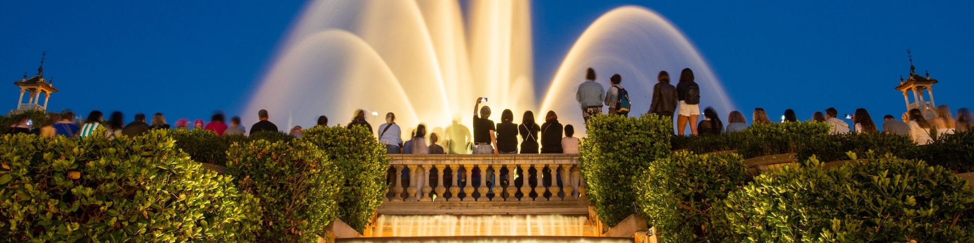 Sants-Montjuรฏc featuring night scenes and a fountain as well as a small group of people