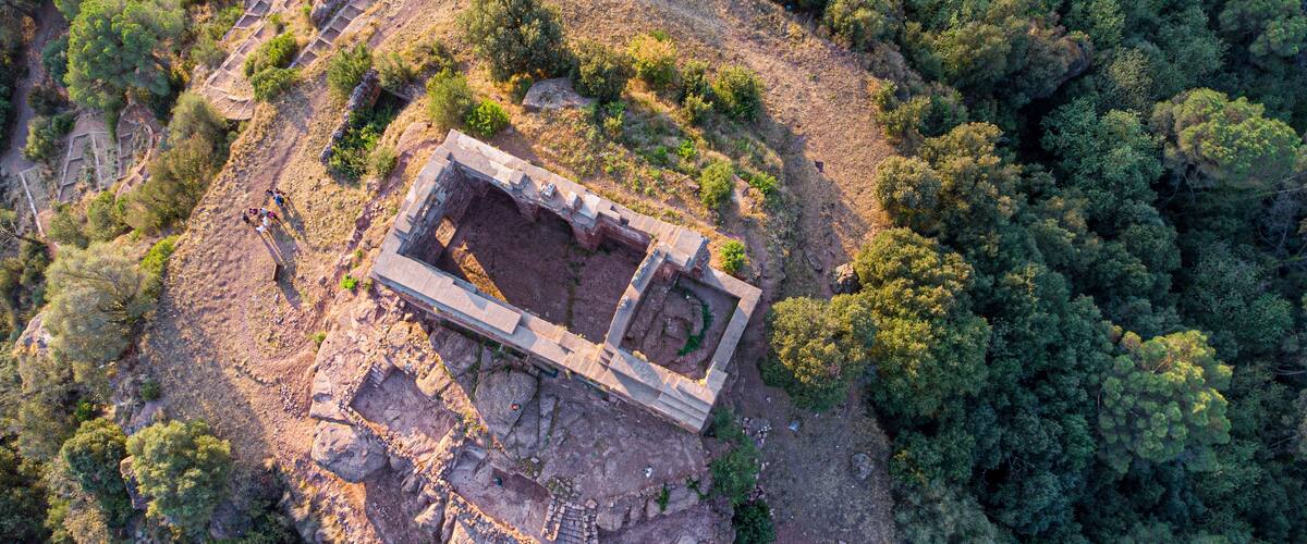 An ancient ruin surrounded by dense forest.