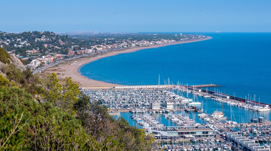 Views of Castelldefels and the beach, Port Ginesta harbor with sailing boats, near Barcelona, Spain