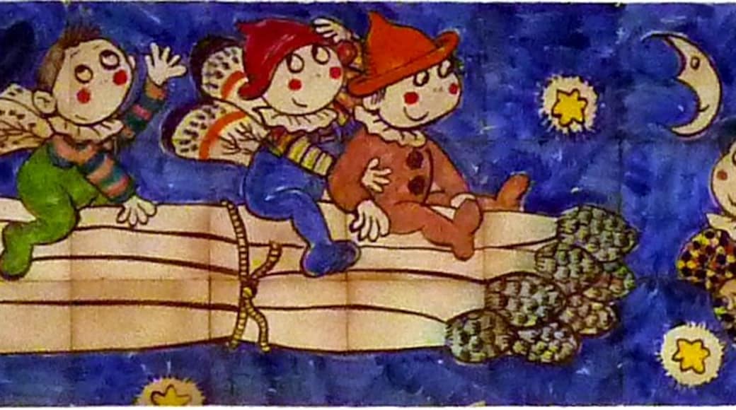 Painted ceramic work on the front door of the nursery Joseph Pallach in Gavà (province of Barcelona). The work signed by Pilarín Bayés represents several figures that could be beings with wings of butterflies on a starry background, that this beings carry and interact with some typical ingredients of Catalan cuisine (asparagus, eggs, oil and salt). In the center an heraldic shield of Gavà there hangs a wreath of flowers. The image was taken with a Panasonic DMC-ZX1 and retouched using GIMP 2.8 (cut and contrast).