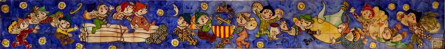 Painted ceramic work on the front door of the nursery Joseph Pallach in Gavà (province of Barcelona). The work signed by Pilarín Bayés represents several figures that could be beings with wings of butterflies on a starry background, that this beings carry and interact with some typical ingredients of Catalan cuisine (asparagus, eggs, oil and salt). In the center an heraldic shield of Gavà there hangs a wreath of flowers. The image was taken with a Panasonic DMC-ZX1 and retouched using GIMP 2.8 (cut and contrast).