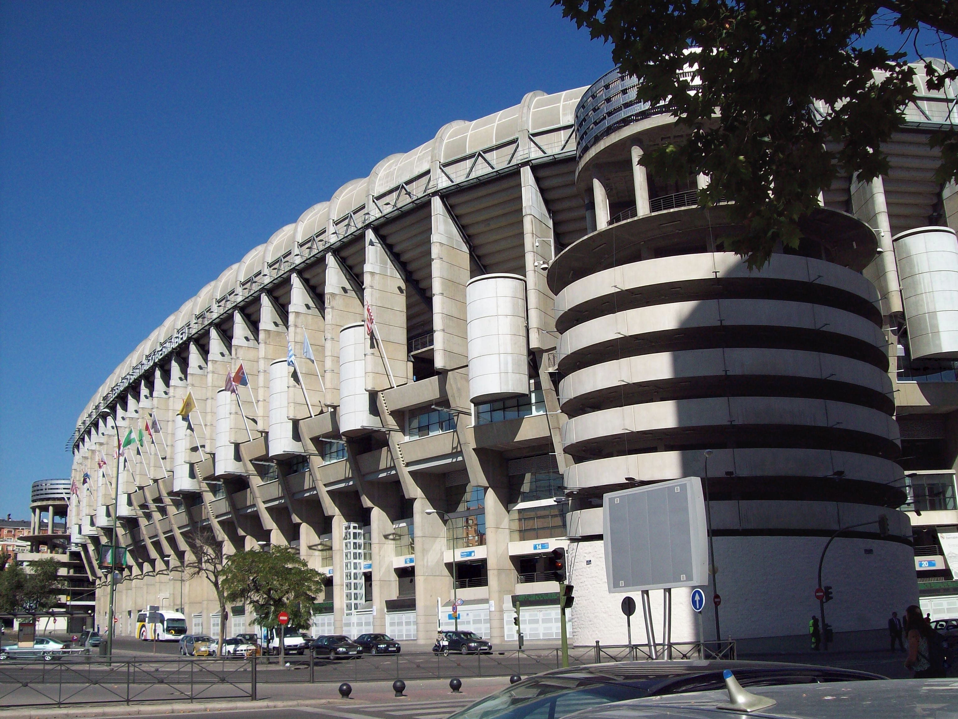 West façade of the Santiago Bernabéu Stadium (Madrid, Spain, 1945–47; extension 1992–94). Architects: Manuel Muñoz Monasterio and Luis Alemany Soler; extension by Antonio Lamela Martínez.