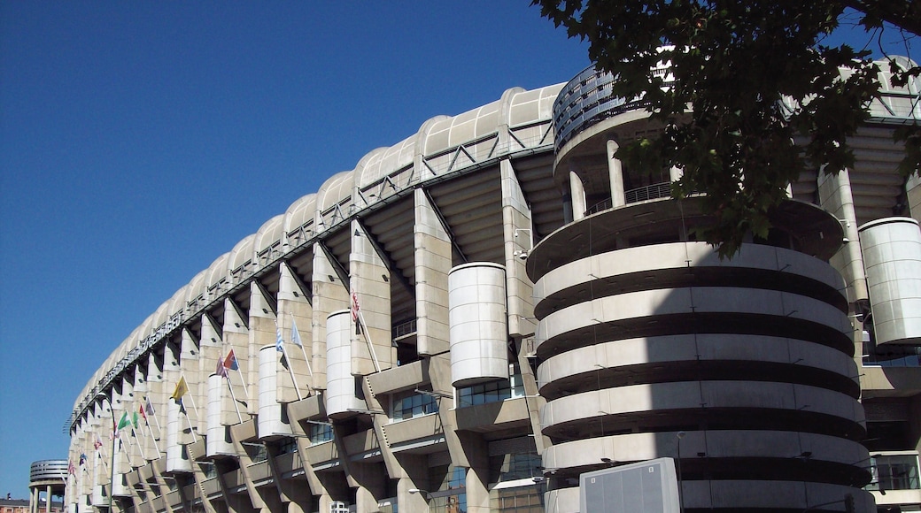 West façade of the Santiago Bernabéu Stadium (Madrid, Spain, 1945–47; extension 1992–94). Architects: Manuel Muñoz Monasterio and Luis Alemany Soler; extension by Antonio Lamela Martínez.