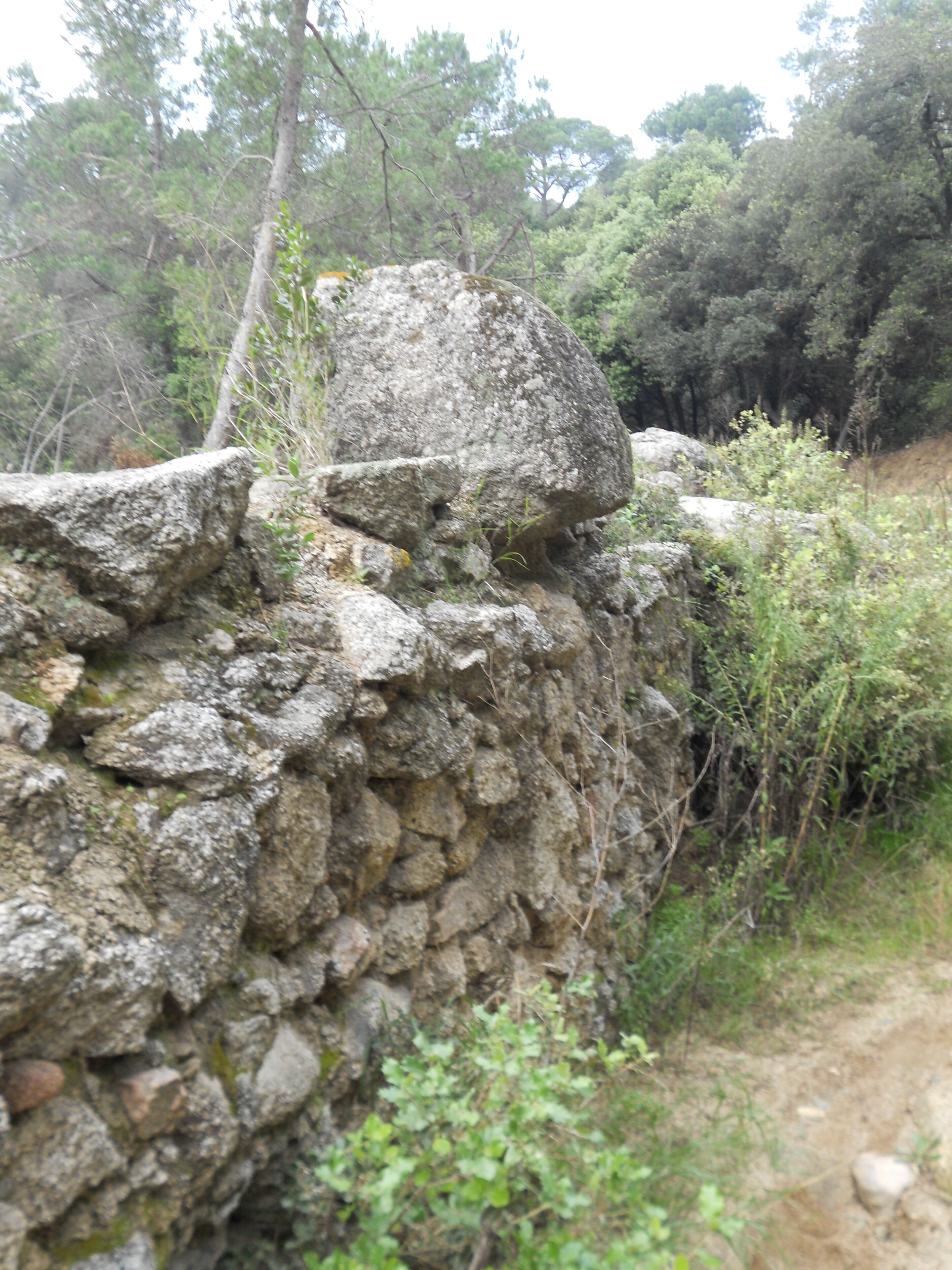 Detall dels contraforts amb un guarda-rodes, de la via romana de Parpers, coneguda com Via Sèrgia, que anava des d'Iluro (Mataró) fins Ausa (Vic).