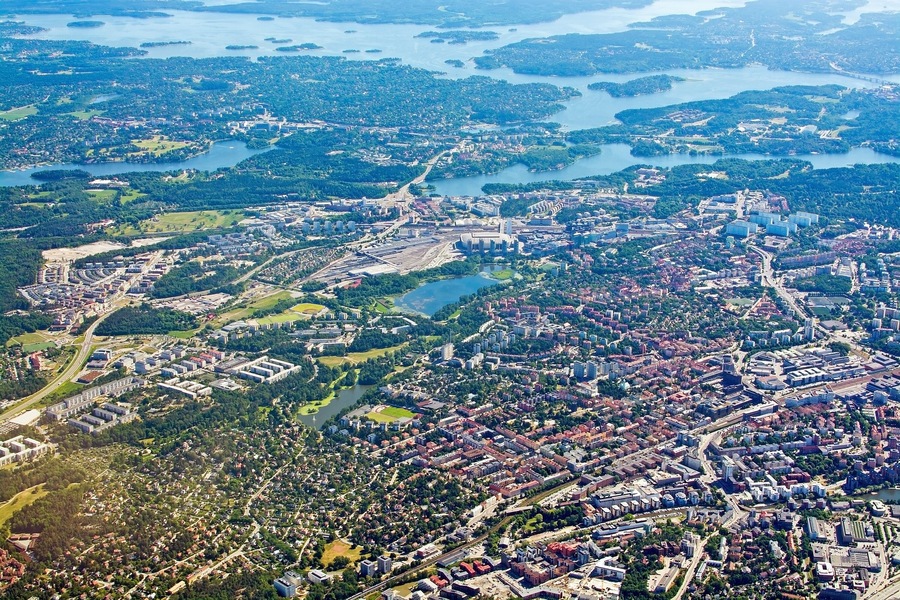 Aerial shot over Solna Sundbyberg Stockholm