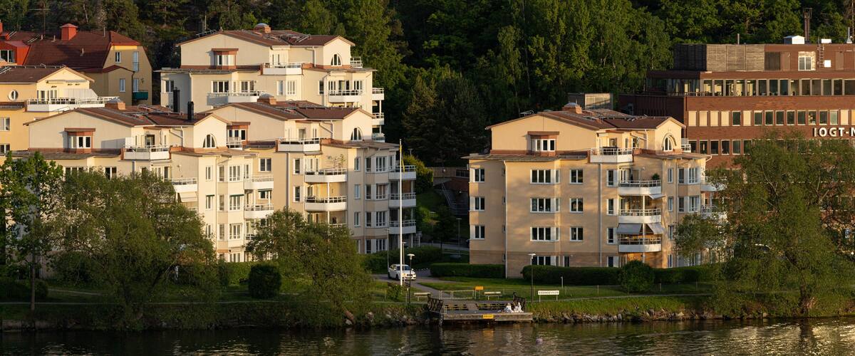 A residential area with apartment buildings and a body of water.
