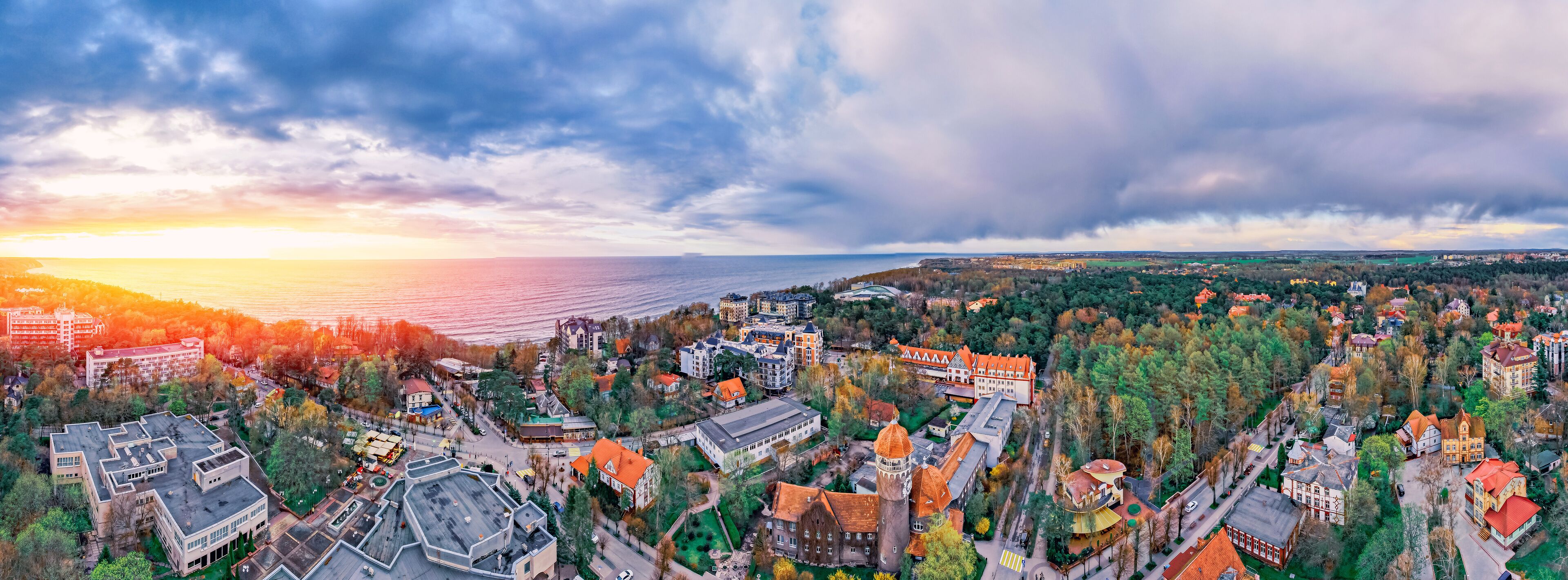 Panorama aerial view cityscape Svetlogorsk Kaliningrad Russia, sunny summer day