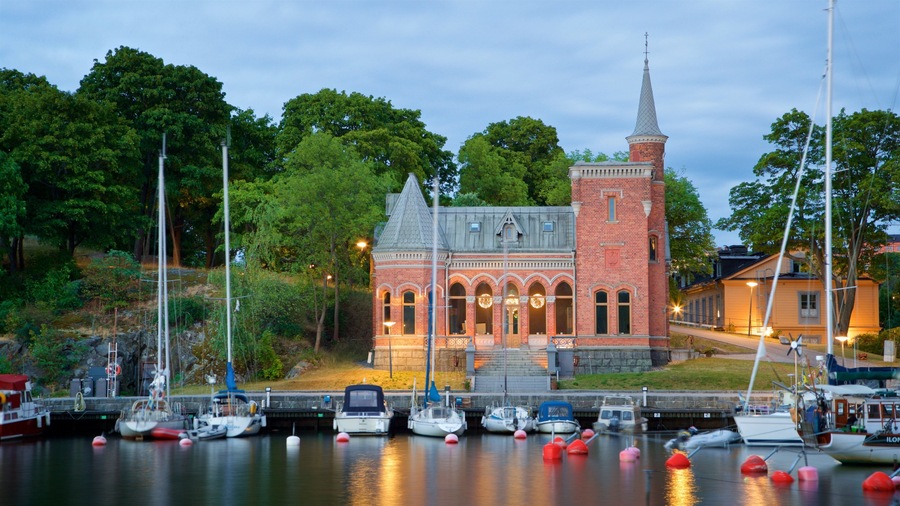 Skeppsholmen featuring a church or cathedral, a bay or harbor and heritage architecture