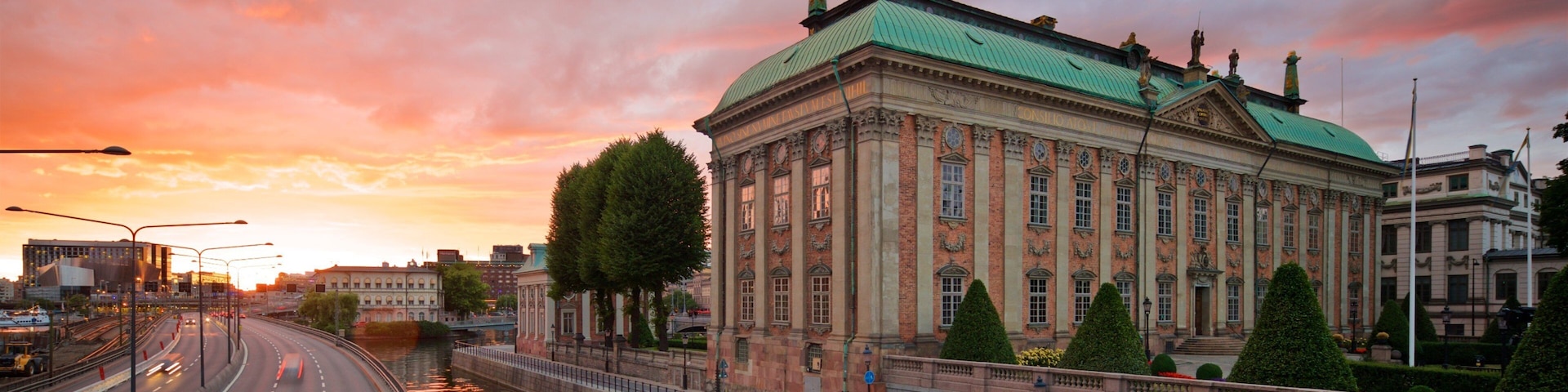 Riddarholmen featuring a city, heritage architecture and a sunset