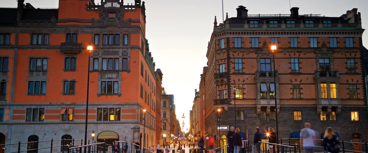 Norrmalm showing a city, heritage architecture and a sunset