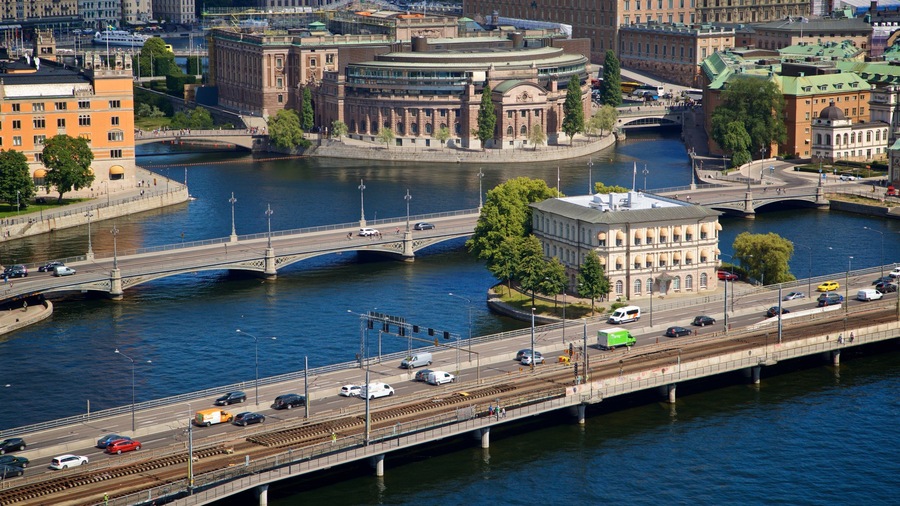 Norrmalm which includes a bridge, landscape views and a city
