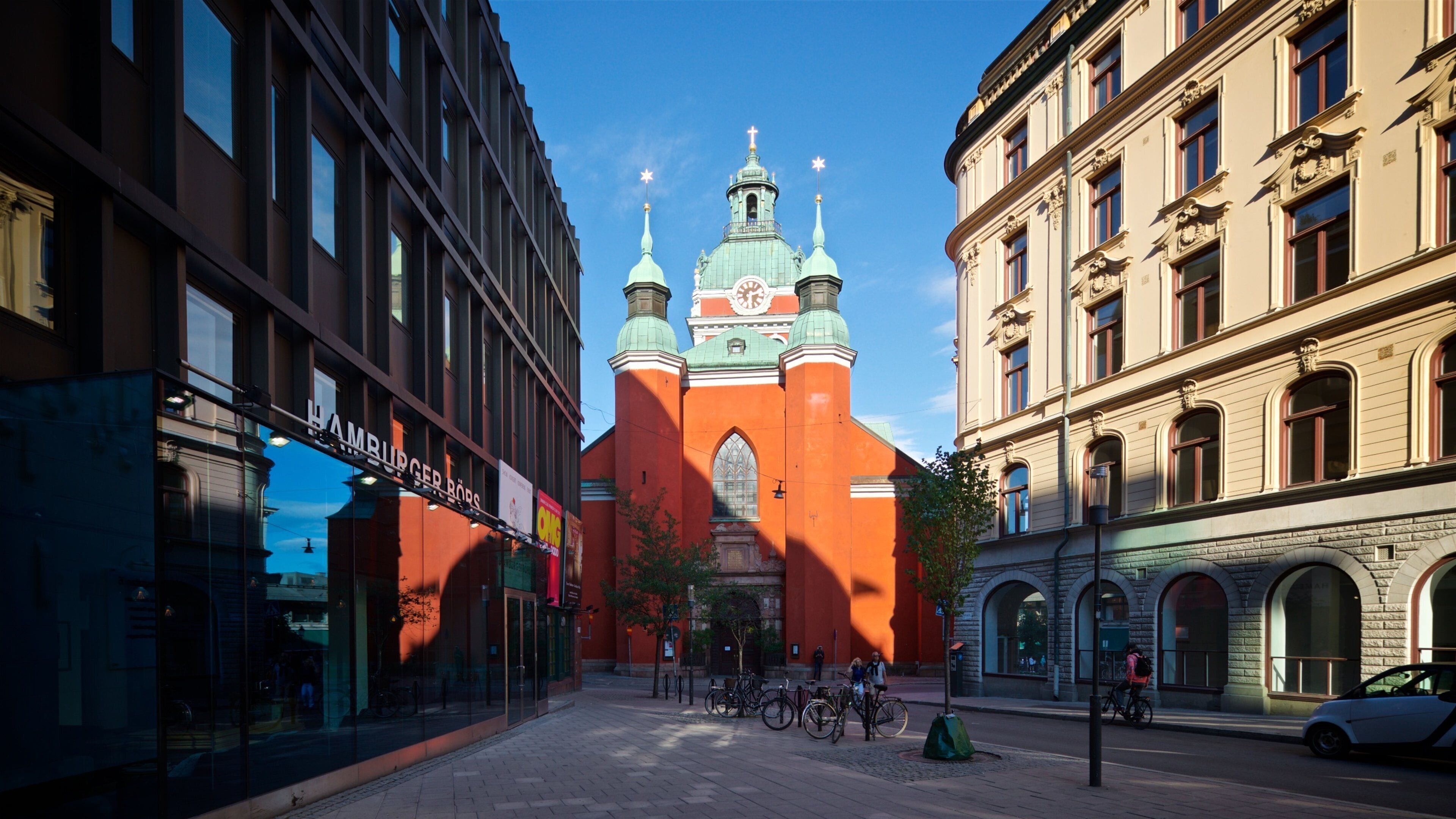 Norrmalm showing a city, a church or cathedral and heritage architecture