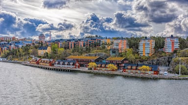 Un pueblo costero con edificios coloridos, un muelle y un litoral rocoso.