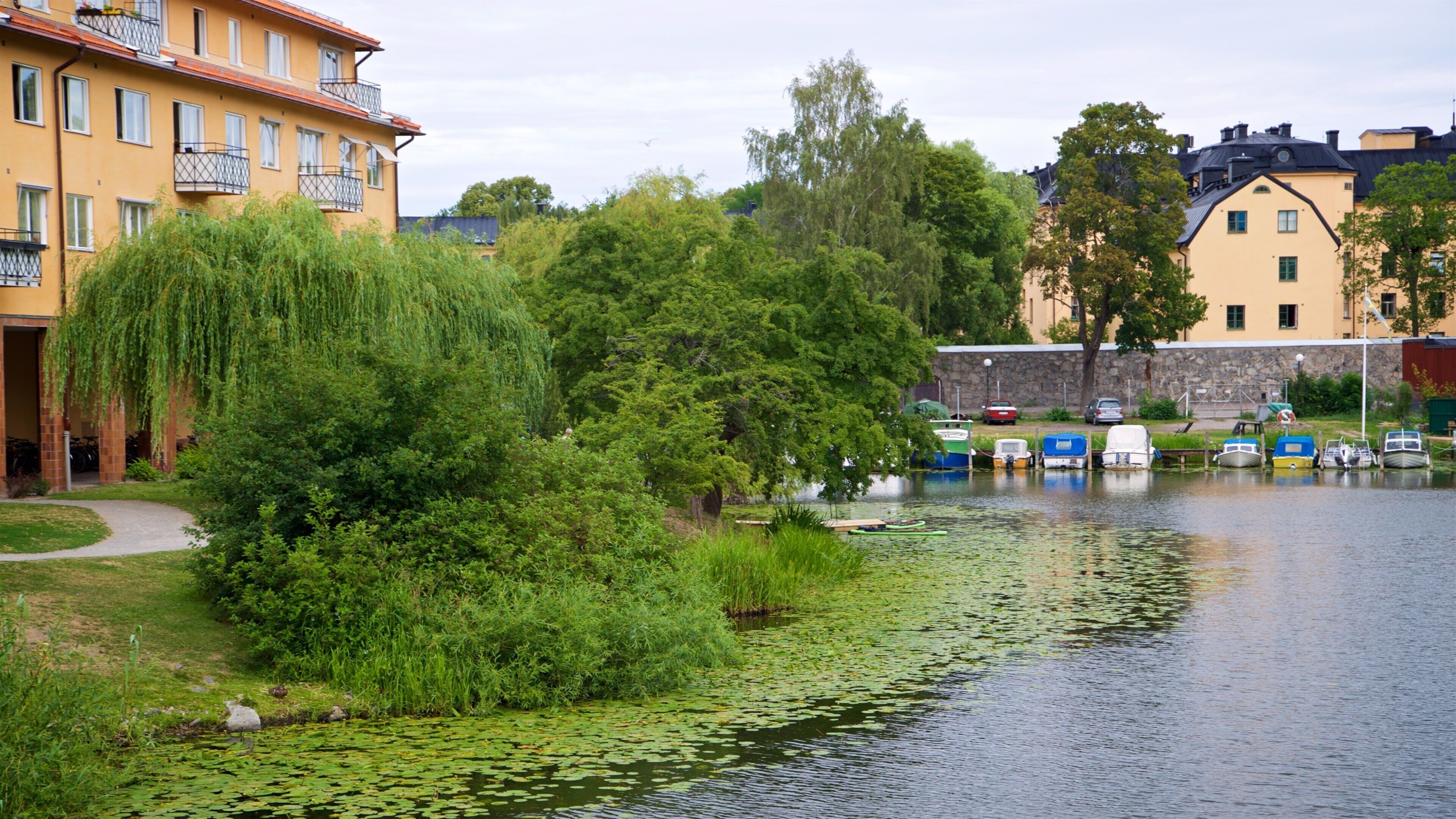 Langholmen which includes a small town or village and a pond