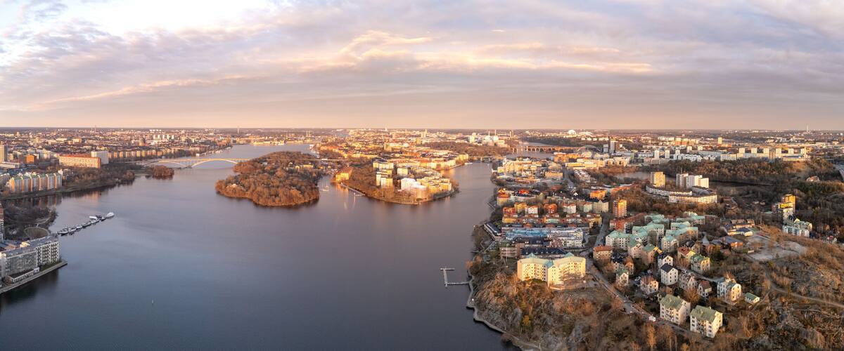 Panoramic view of Stockholm, Södermalm, Gröndal and lilla Essingen, at sunset, early spring. Sweden.