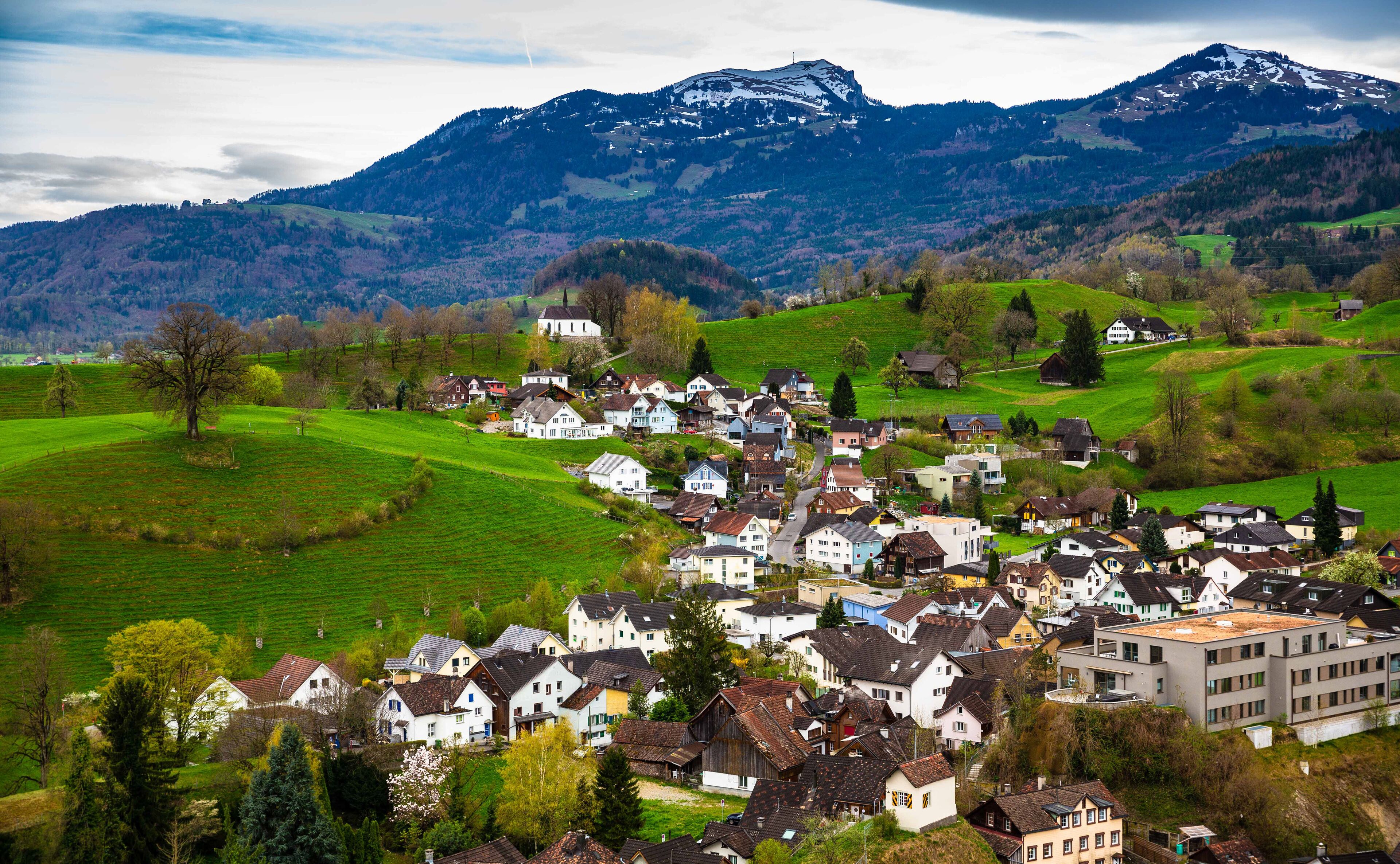 A village nestled in a valley with green fields and houses, surrounded by mountains.