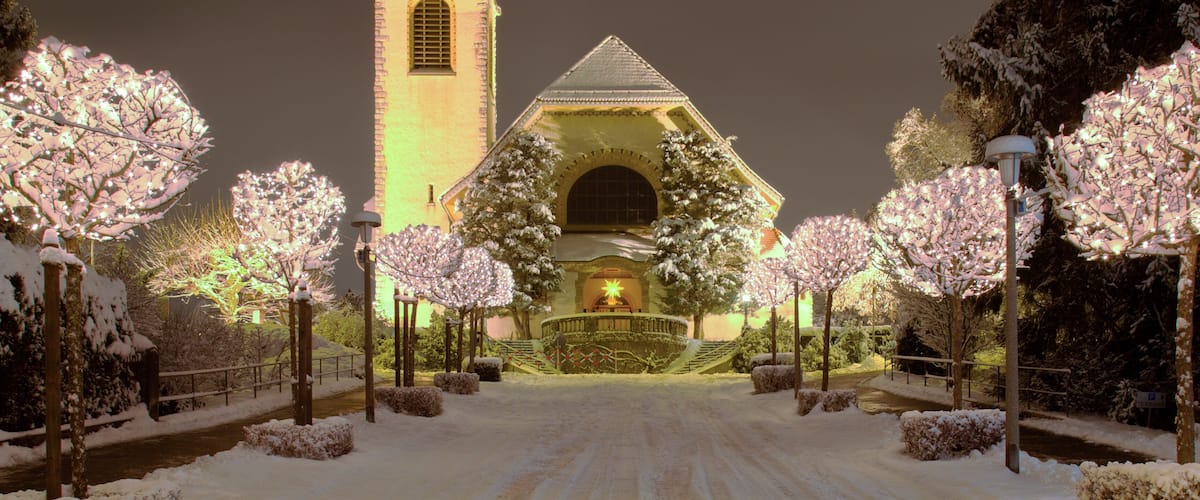 Street and Church in Wallisellen, Illuminated for the Christmas