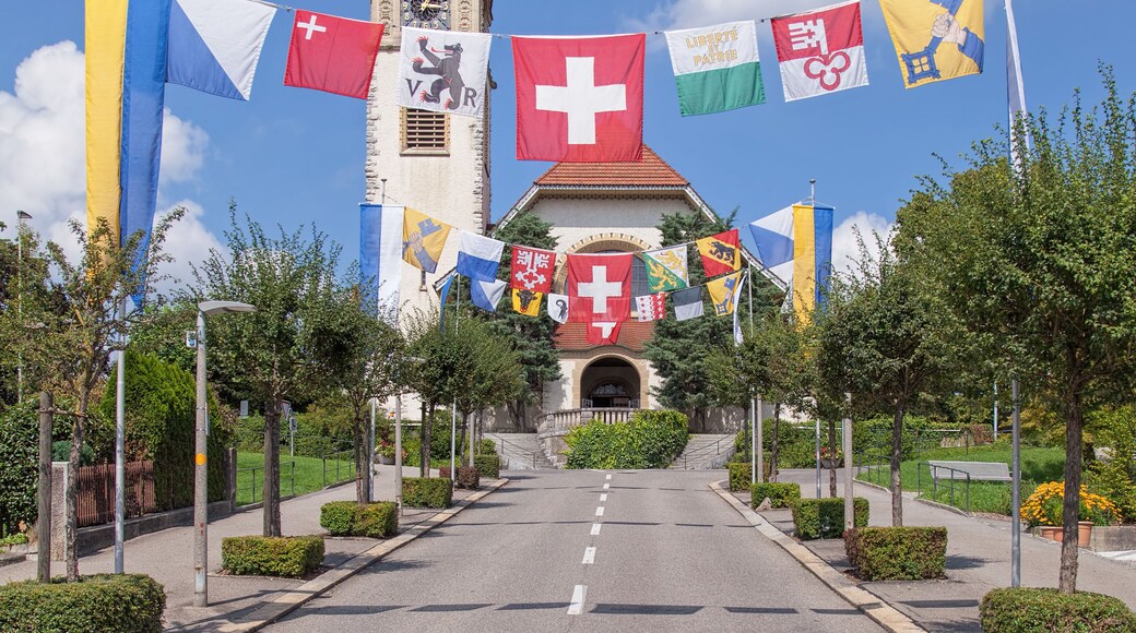 Street, decorated with flags for the Swiss Nationa
