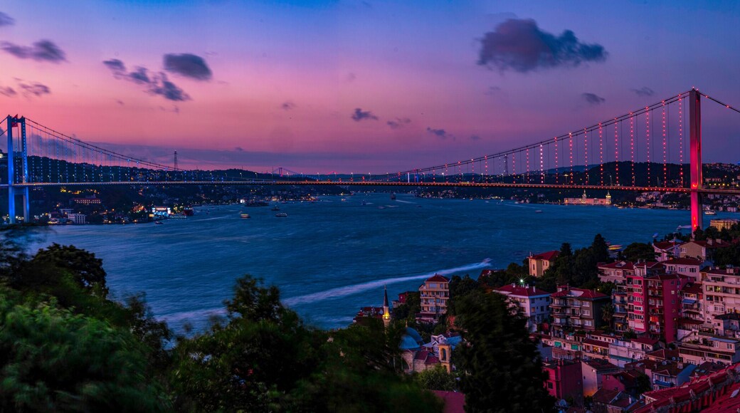 A breathtaking panoramic view of the Bosphorus Bridge in Istanbul at sunset.Istanbul's Bosphorus Bridge at Sunset: A Stunning Panoramic View. Best touristic destination Istanbul, Türkiye