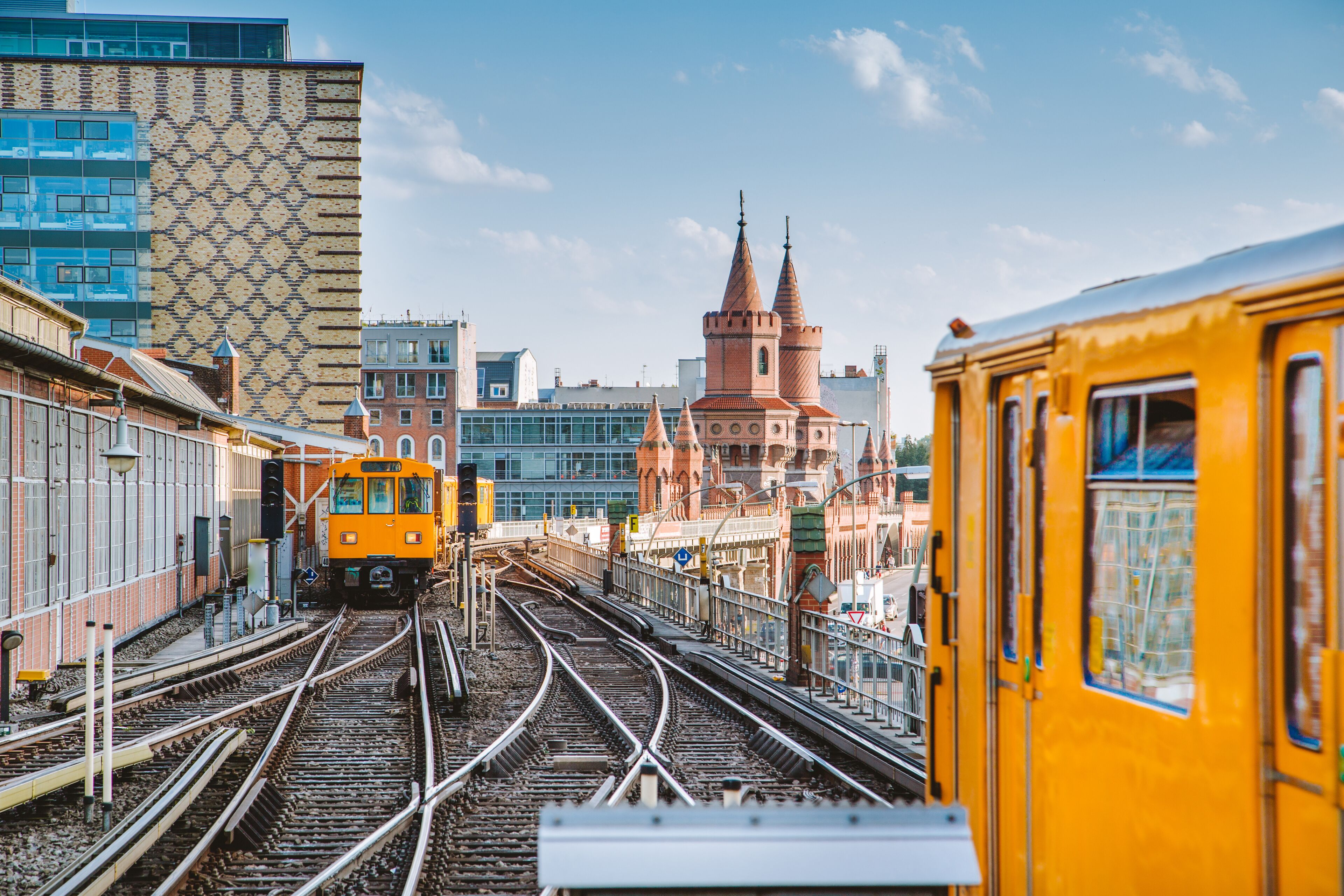 Panoramic view of Berliner U-Bahn with Oberbaum Bridge in the background with retro vintage style filter effect, Berlin Friedrichshain-Kreuzberg