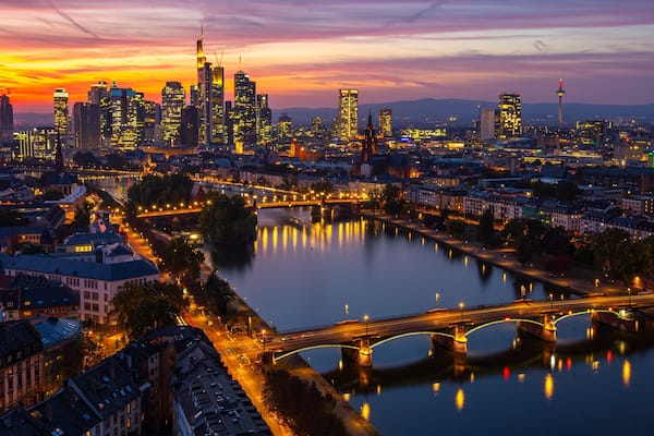 Frankfurt showing a river or creek, a city and night scenes