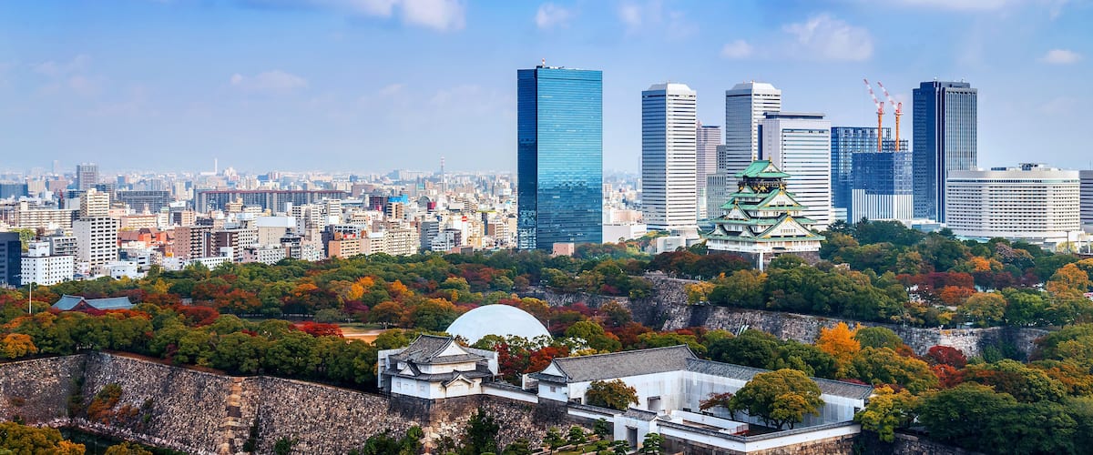 A cityscape with modern skyscrapers and traditional Japanese architecture, including a castle and a temple.