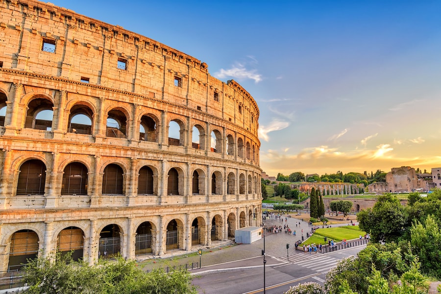 Rome sunset city skyline at Rome Colosseum (Roma Coliseum), Rome, Italy