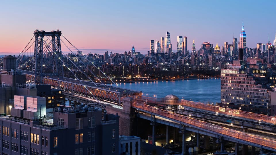 A cityscape with a prominent bridge, skyscrapers, and a river.