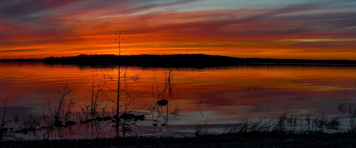 A sunset over a calm lake with silhouetted trees and a distant shoreline.