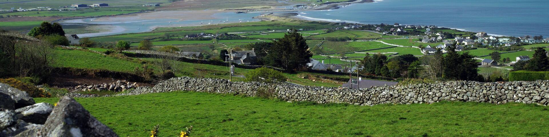 A coastal landscape with green fields, a stone wall, and a view of the sea and distant buildings.
