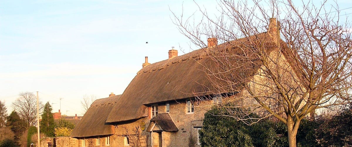A stone house with a thatched roof, surrounded by a grassy lawn and a tree.