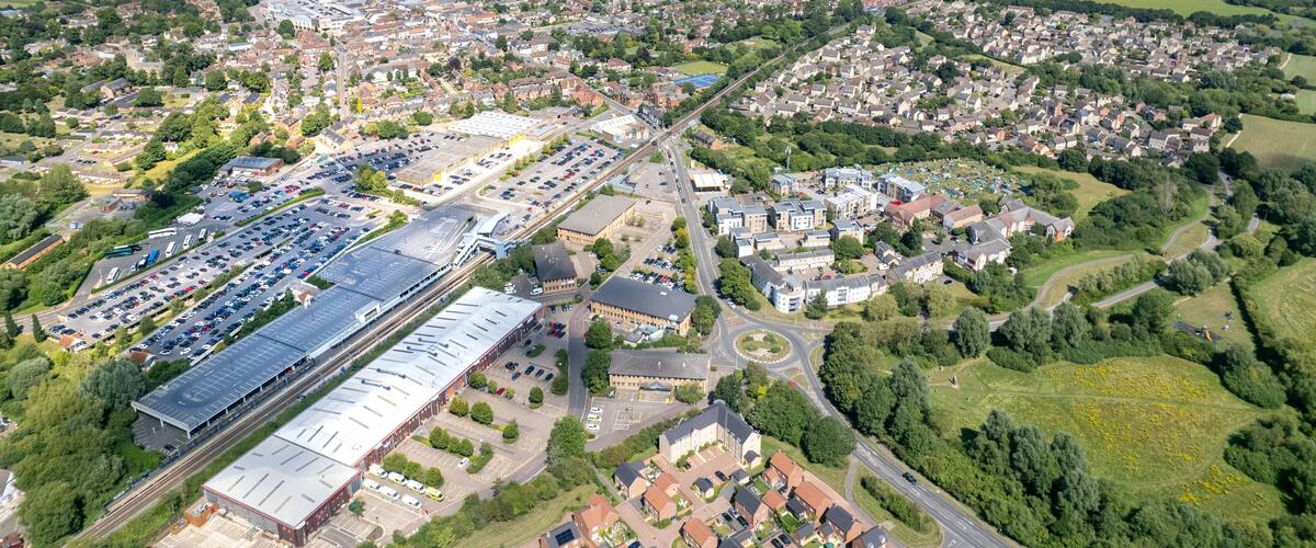 Bicester Village and Bicester town center, amazing aerial view in summer daytime, uk